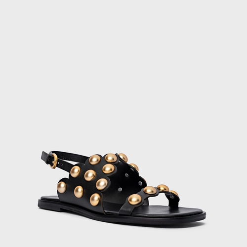 Sandália Flat Balls Recorte Couro Preto