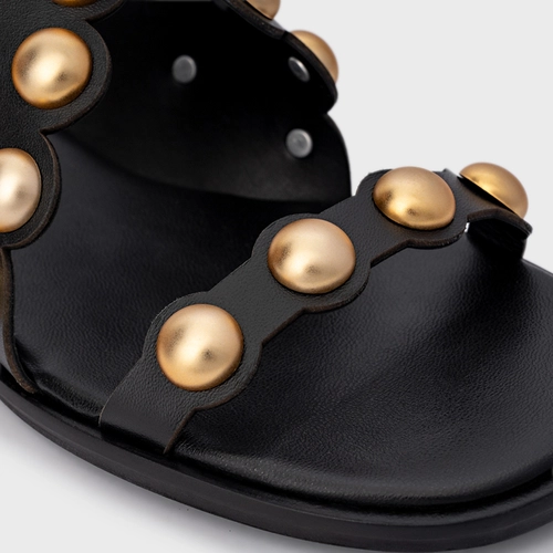 Sandália Flat Balls Recorte Couro Preto