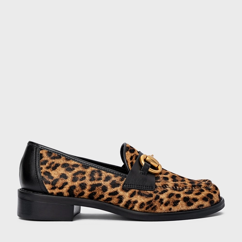 Loafer Bridão Salto Bloco Pelo Animal Print Honey