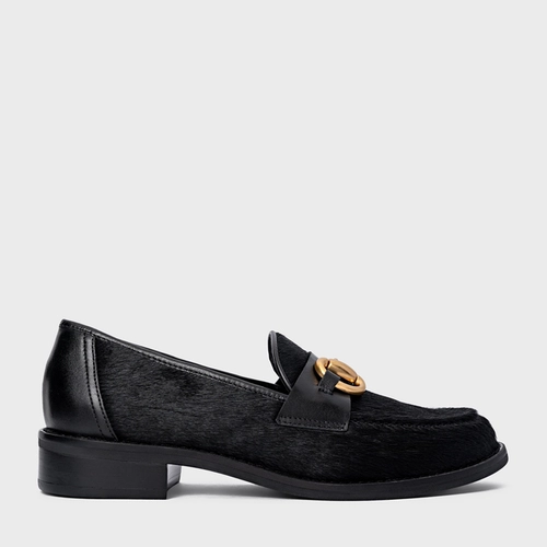 Loafer Bridão Salto Bloco Pelo Preto