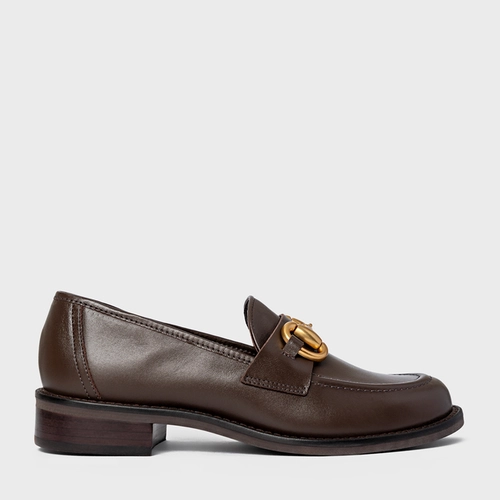 Loafer Bridão Salto Bloco Couro Marrom Dark Brown