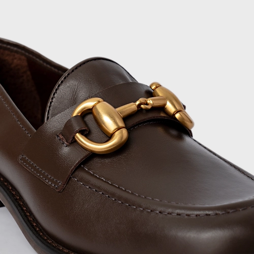 Loafer Bridão Salto Bloco Couro Marrom Dark Brown