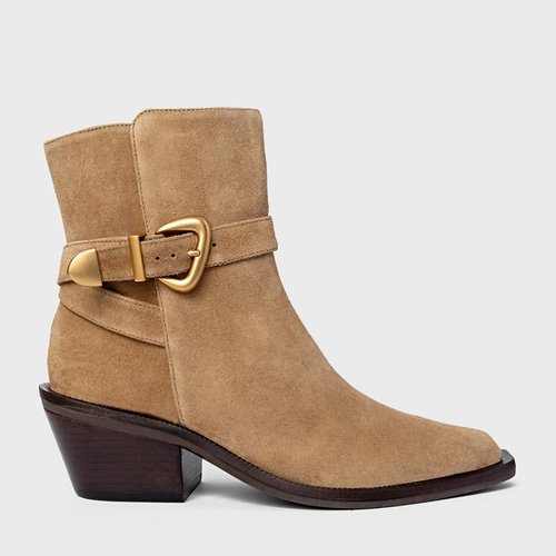 Bota Western Buckle Salto Bloco Couro Suede Bege Almond