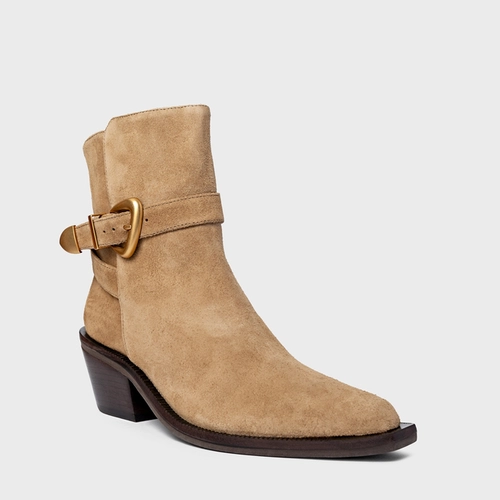 Bota Western Buckle Salto Bloco Couro Suede Bege Almond