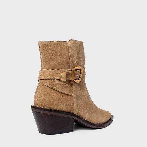 Bota Western Buckle Salto Bloco Couro Suede Bege Almond