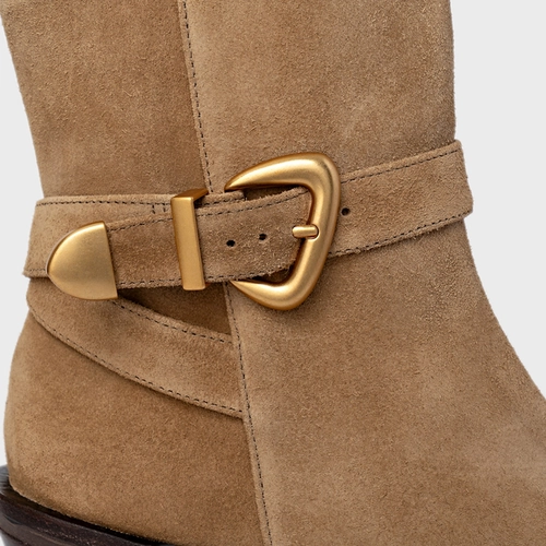 Bota Western Buckle Salto Bloco Couro Suede Bege Almond