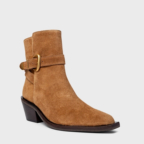 Bota Western Buckle Salto Bloco Couro Suede Marrom Saddle