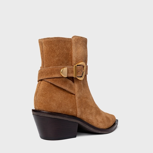 Bota Western Buckle Salto Bloco Couro Suede Marrom Saddle