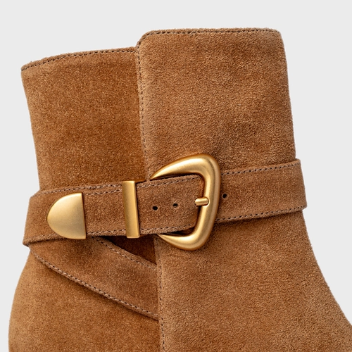 Bota Western Buckle Salto Bloco Couro Suede Marrom Saddle