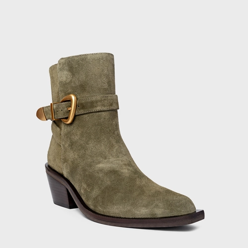 Bota Western Buckle Salto Bloco Couro Suede Verde Army Green