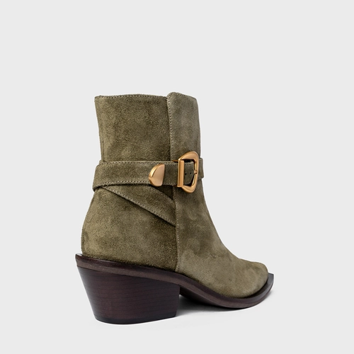 Bota Western Buckle Salto Bloco Couro Suede Verde Army Green