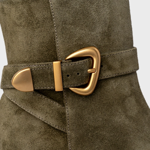 Bota Western Buckle Salto Bloco Couro Suede Verde Army Green