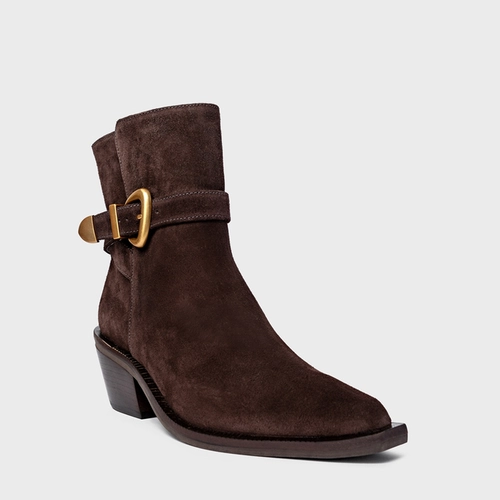 Bota Western Buckle Salto Bloco Couro Suede Marrom Ganache