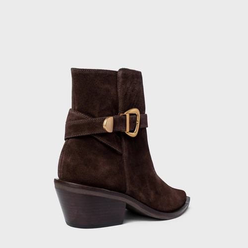 Bota Western Buckle Salto Bloco Couro Suede Marrom Ganache