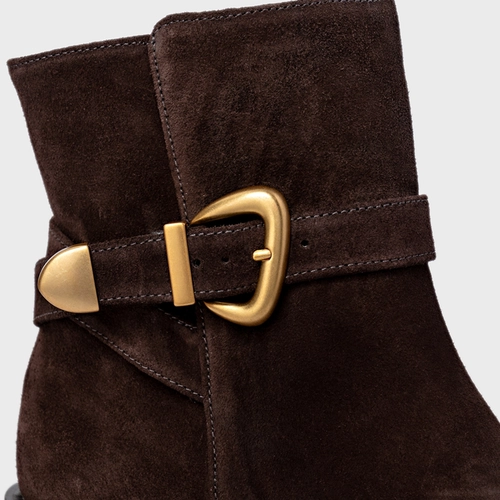 Bota Western Buckle Salto Bloco Couro Suede Marrom Ganache