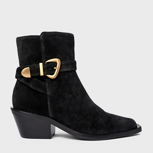 Bota Western Buckle Salto Bloco Couro Suede Preto