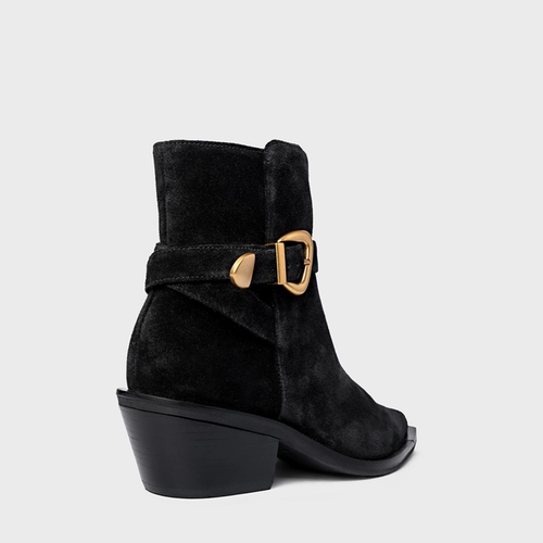 Bota Western Buckle Salto Bloco Couro Suede Preto