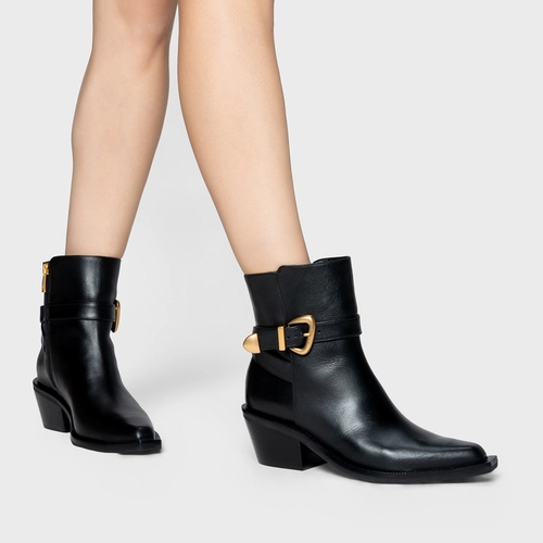 Bota Western Buckle Salto Bloco Couro Preto