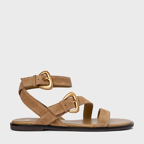 Sandália Flat Buckle Couro Suede Bege Almond