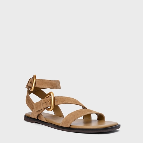 Sandália Flat Buckle Couro Suede Bege Almond