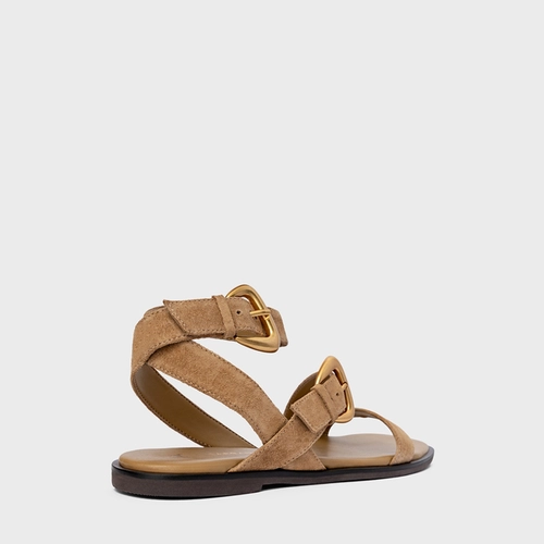 Sandália Flat Buckle Couro Suede Bege Almond