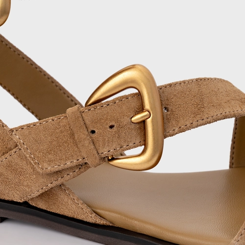 Sandália Flat Buckle Couro Suede Bege Almond