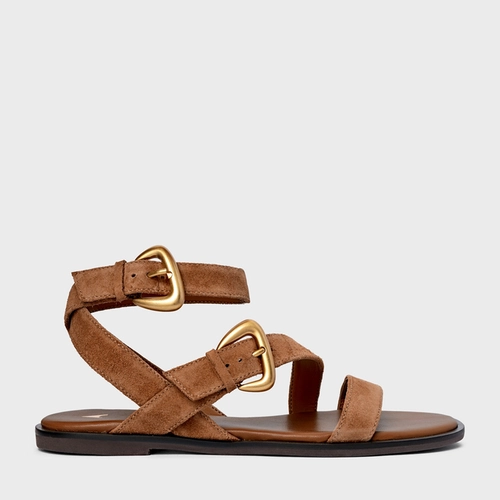 Sandália Flat Buckle Couro Suede Marrom Saddle
