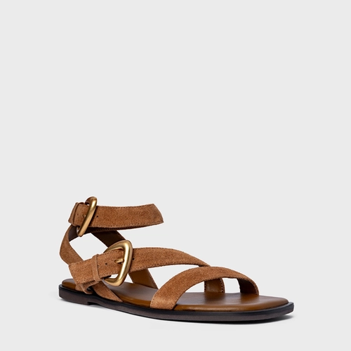 Sandália Flat Buckle Couro Suede Marrom Saddle