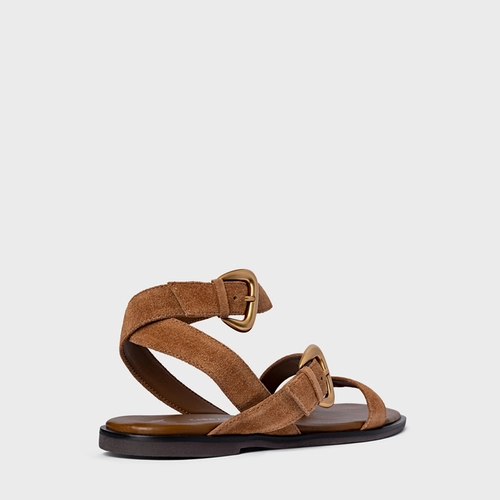 Sandália Flat Buckle Couro Suede Marrom Saddle