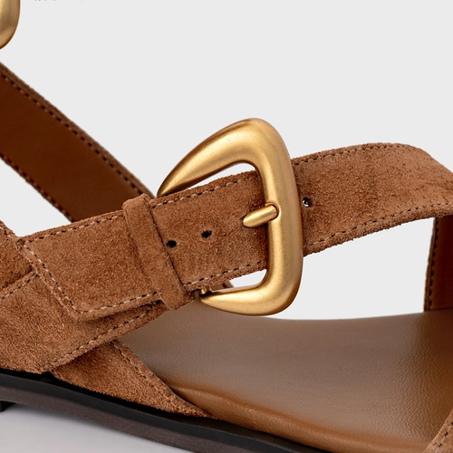 Sandália Flat Buckle Couro Suede Marrom Saddle