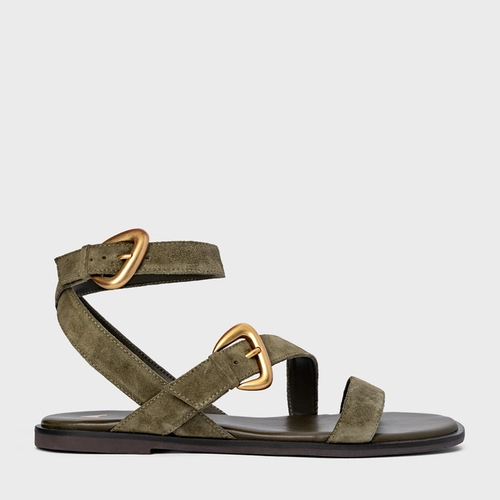 Sandália Flat Buckle Couro Suede Verde Army Green