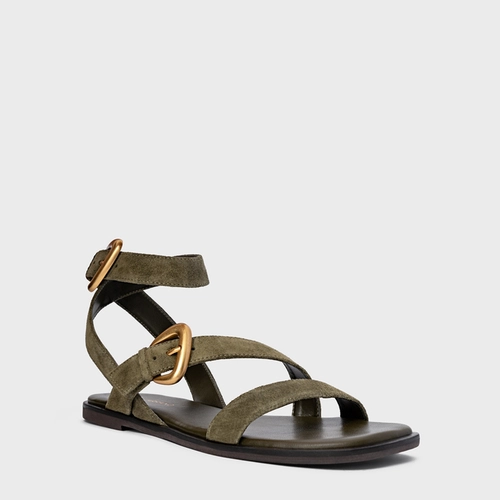 Sandália Flat Buckle Couro Suede Verde Army Green