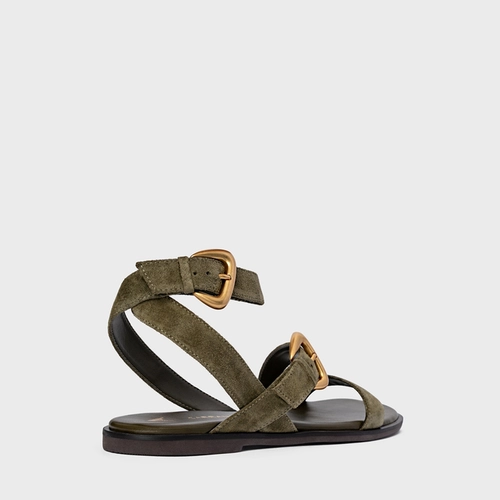 Sandália Flat Buckle Couro Suede Verde Army Green