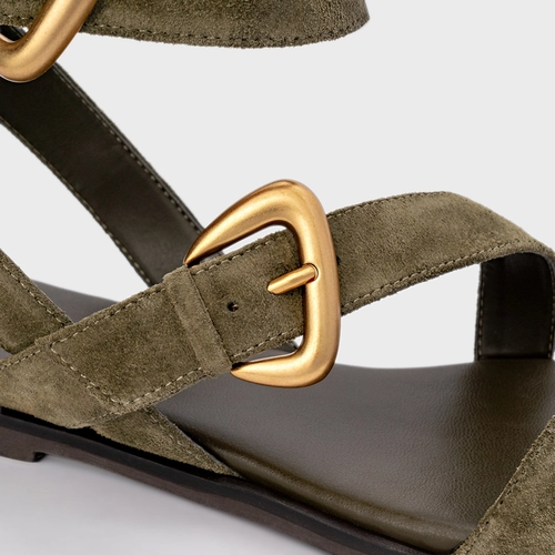 Sandália Flat Buckle Couro Suede Verde Army Green