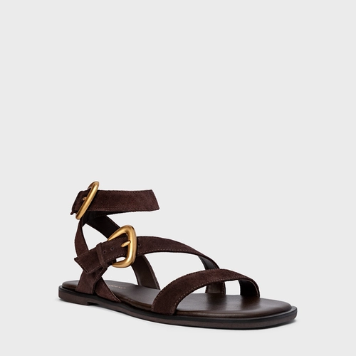 Sandália Flat Buckle Couro Suede Marrom Ganache