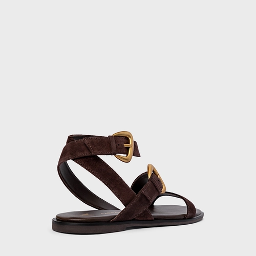 Sandália Flat Buckle Couro Suede Marrom Ganache