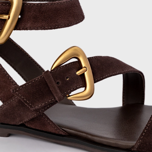 Sandália Flat Buckle Couro Suede Marrom Ganache