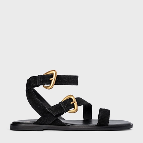 Sandália Flat Buckle Couro Suede Preto