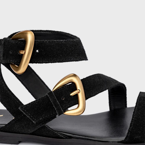 Sandália Flat Buckle Couro Suede Preto