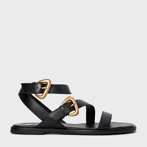 Sandália Flat Buckle Couro Preto