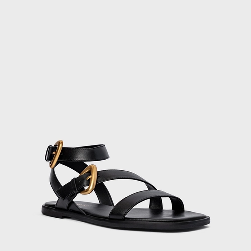 Sandália Flat Buckle Couro Preto