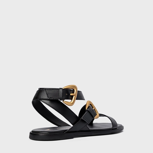 Sandália Flat Buckle Couro Preto
