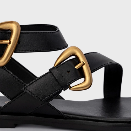 Sandália Flat Buckle Couro Preto