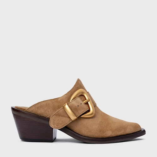 Mule Western Buckle Salto Bloco Couro Suede Bege Almond