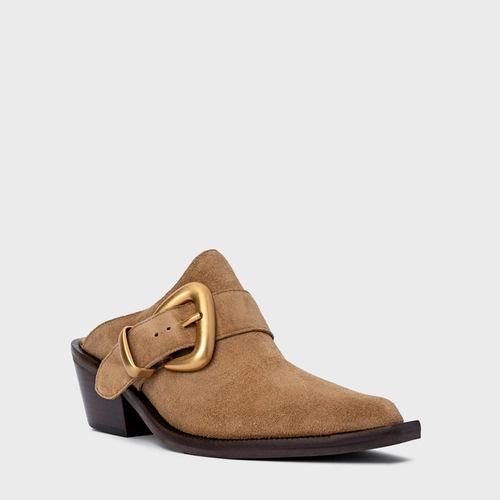 Mule Western Buckle Salto Bloco Couro Suede Bege Almond