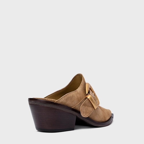 Mule Western Buckle Salto Bloco Couro Suede Bege Almond