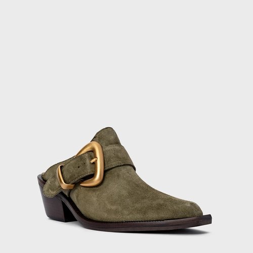 Mule Western Buckle Salto Bloco Couro Suede Verde Army Green