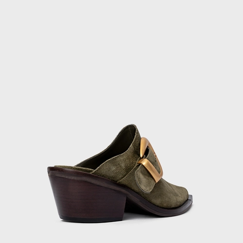 Mule Western Buckle Salto Bloco Couro Suede Verde Army Green