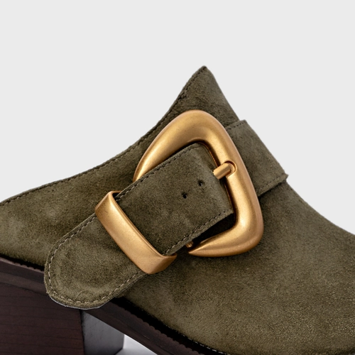 Mule Western Buckle Salto Bloco Couro Suede Verde Army Green