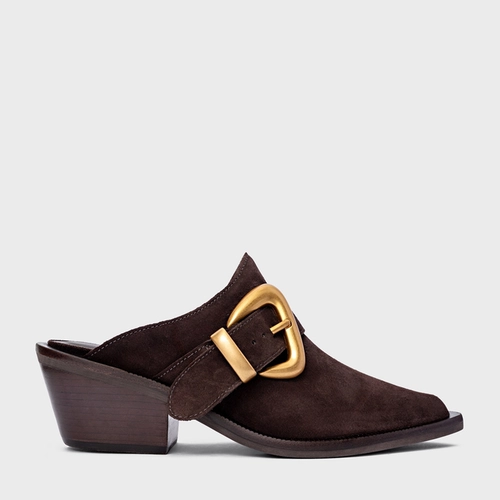 Mule Western Buckle Salto Bloco Couro Suede Marrom Ganache